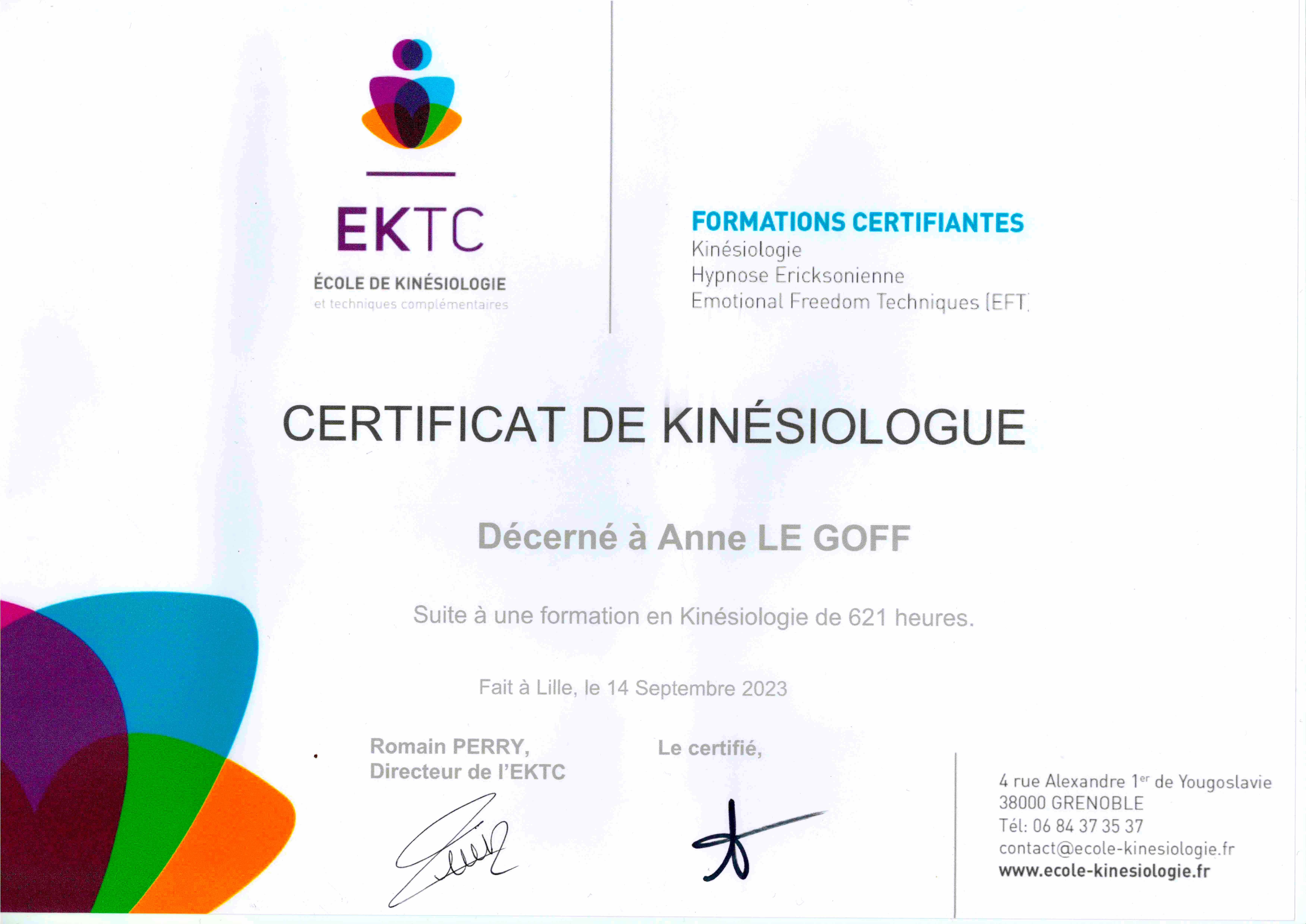 Certificat de Kinésiologie de Anne Le Goff Kinésiologue à Auxerre